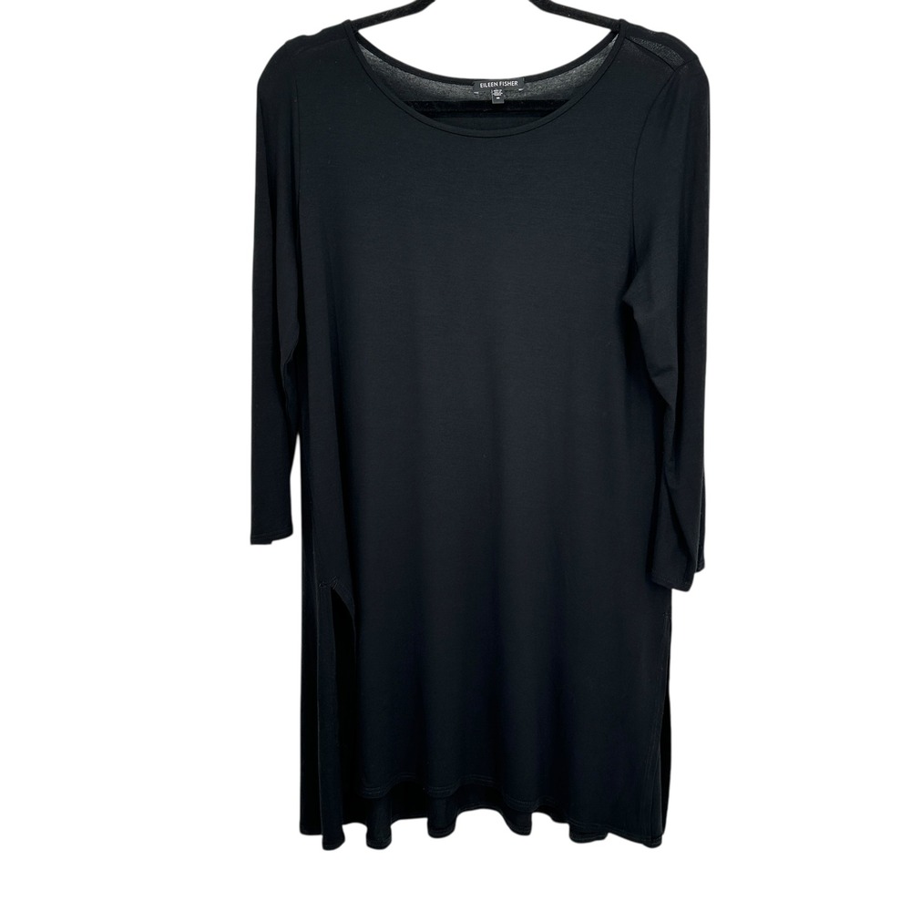 Eileen Fisher M Black Viscose Spandex‎ Long Sleeve Tunic Top Side Slit Lagenlook